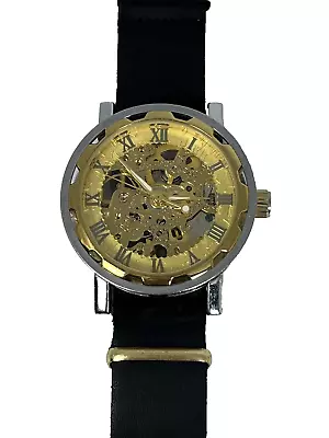 Men's Skeleton Steampunk Gear Shape 2-Tone Stainless Steel Mechanical Wind Watch • $24.99