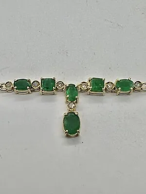 18K Yellow Solid Gold Natural Emerald .15ct Diamond Necklace 18” 11 Grams • $899