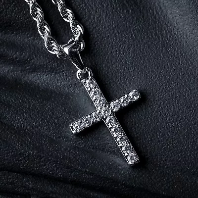 Mini Micro White Gold Iced Cz Cross Pendant And Hip Hop Rope Chain Necklace • $17.27