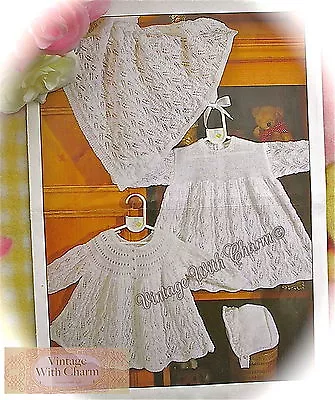 Knitting Pattern Baby's 4 Piece Set; Matinee Coat Dress Cot Cover & Bonnet. • £3.69