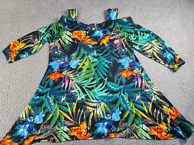 Monroe & Main Plus Size 1X Cold Shoulder Tunic Colorful Floral Palms VIBRANT EUC • $18