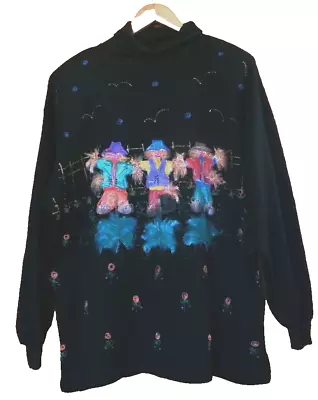 Vintage 80's Long Black Jumper Dress Large 14 Hand Painted Dancing Clown Cowboys • $22.47