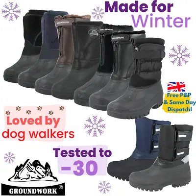 Ladies Womens Groundwork Faux Leather Suede Canvas Thermal Mid Calf Snow Boots • £21.99