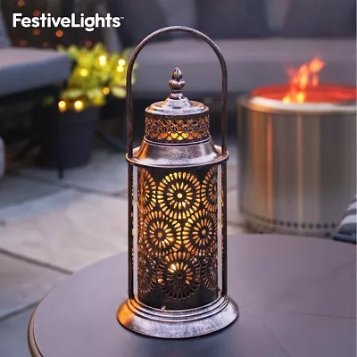 40cm Solar Bronze Metal Moroccan LED Light Up Hanging Outdoor Garden Lantern • £19.54