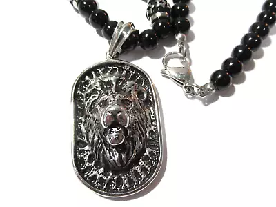 Lion Pendant With Black Gemstone Beaded Necklace Vintage • $24