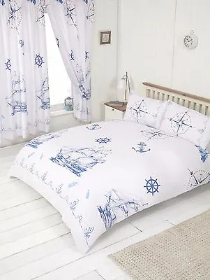 £21.99 • Buy Double Bed Duvet Cover Set Nautical Ship Sea Rope White Marine Anchor Compass