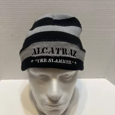 Vintage Alcatraz “The Slammer” Gray & Black Striped Hat Beanie Ski Skull Cap • $9.99