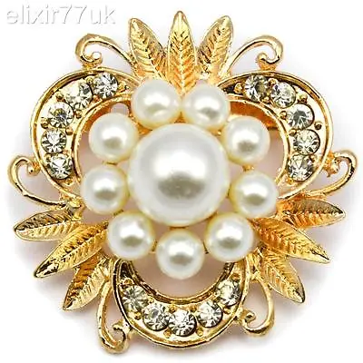 New Gold Faux Pearl Crystal Flower Leaf Bouquet Brooch Wedding Bridal Broach Uk • £4.55