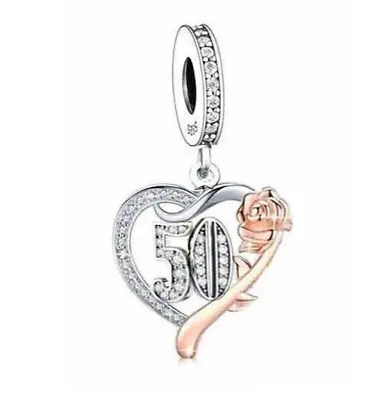 50 Years 50th Birthday Anniversary Rose Heart Dangle Charm Sterling Silver 925 • £17.98
