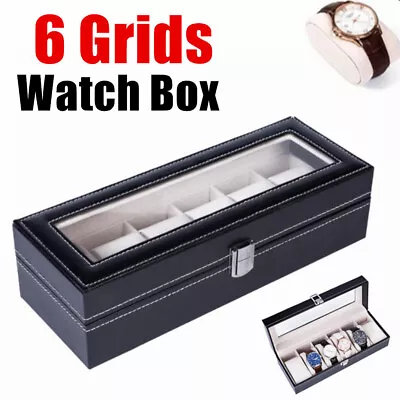 6 Slots Pu Leather Watch Box For Mens Women Watch Collection Black • £8.99