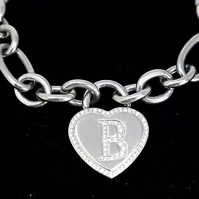 QVC Steel By Design Pave Heart Initial  B  Rolo Link Stainless Charm Bracelet • $19.99