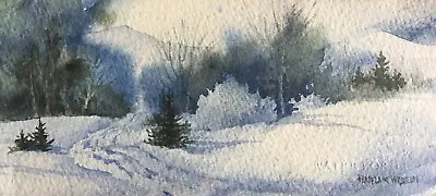 Pamela Wilhelm Watercolor Snow Pines Winter Mountain Road 3.5”x7.5” • $22