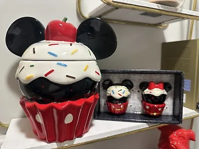 Disney Mickey Mouse Cupcake Cookie Jar & Salt/Pepper Shaker Set! • $59.99