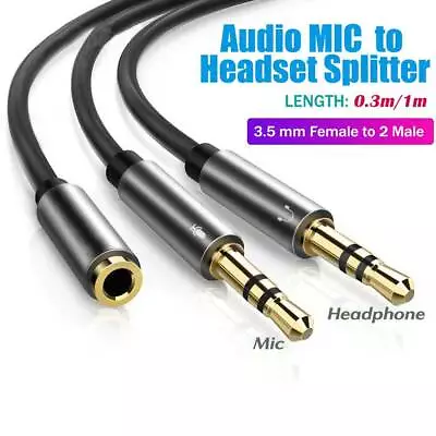 3.5mm Female To 2 Male Mic Audio Headphone AUX Headset Microphone Splitter Cable • $4.85