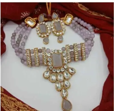 Gold Plated Bollywood Style Indian Choker Necklace CZ Gray Jewelry Set • $10.99