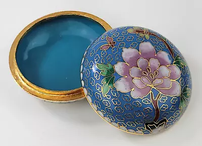 Vtg Asian Floral Cloisonne Round Trinket Box Blue Pink Gold Metal Accent Enamel • $19.99