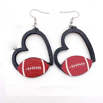 Football Volleyball Baseball Earrings Hollow Heart Wooden Hook For Sports Lovers • $1.71