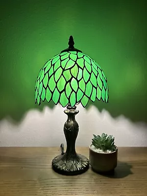 Tiffany Style Mini Table Lamp Green Leaves Stained Glass LED Bulb Included 14 H • $87.99