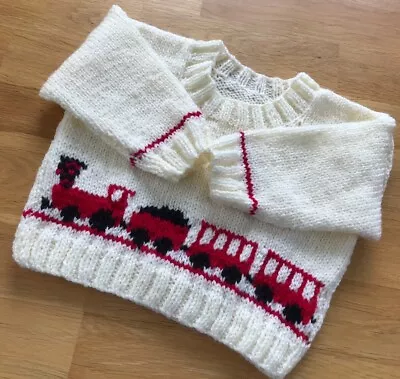 NEW BABY BOYS TRAIN JUMPER 6-12 Months CREAM RED Hand Knitted • £10.99