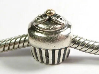 PANDORA S925 ALE STERLING SILVER & 14ct GOLD TIPPED CUP CAKE CHARM BEAD 790417 • £18.95