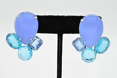 Vintage Crystal Clip Earrings Bright Blue Rhinestone Bezel Chunky 1980s W5 • $15.96