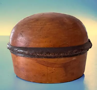 Hat Block Antique Millinery Hat Maker Mold Form Wood Leather English 21 1/2 • $144.99