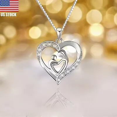925 Sterling Silver Mother And Child Love Heart Pendant Necklace Mom Daughter US • $7.91