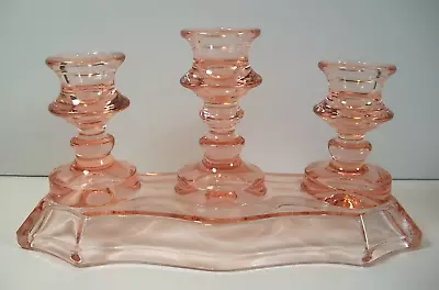 Vintage ~ Pink Depression Glass ~ Triple Candlestick Holder ~ Candelabra • $68.99