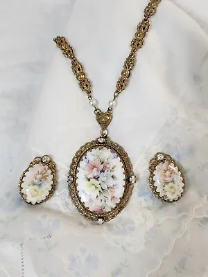 Vintage WEST GERMANY Multi-Color Flowers AB Rhinestone Necklace & Earrings Set • $85