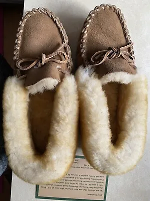 LL Bean Slippers Womens 8 M Wicked Good Moccasins Brown Suede Fur Shearling • $75