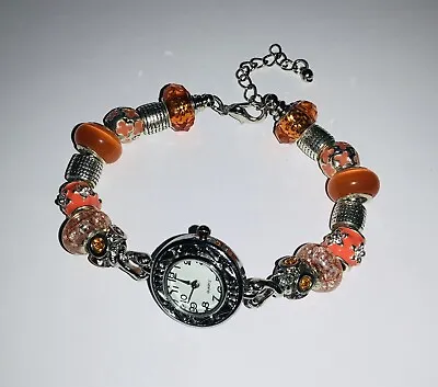 Ex-Display Hand Made BEADED BRACELET WATCH 16 Charms Orange 8.5 Inches • £6