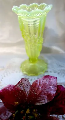 $279 • Buy Northwood 1898 Antique Vaseline Opalescent Glass Fluted Scrolls Flower Band Vase