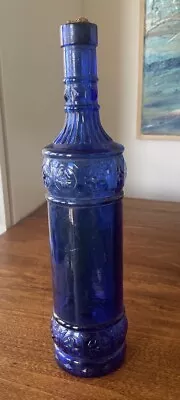 Cobalt Blue Glass Decanter Bottle Intricate Embossed Medallion VTG Detail 12” • $15.60