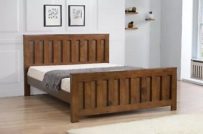 Rustic Oak Bed Frame Solid Wood 4ft6 Double 5ft Kingsize Memory Foam Mattress • £355.99