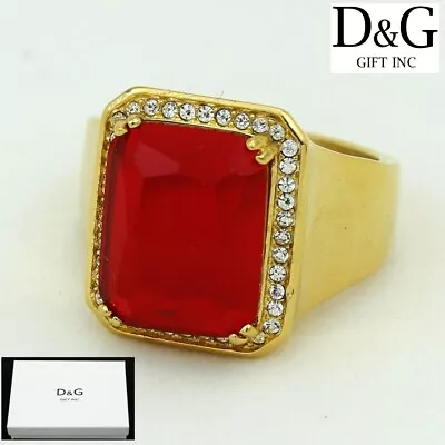 DG Men's Stainless Steel Red CZ Icy Bling  Gold Plated Ring #8 9 10-13 Box • $16.99