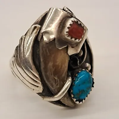 Native American Navajo Turquoise Red Coral Sterling Silver Mens Ring Sz 12 • $295