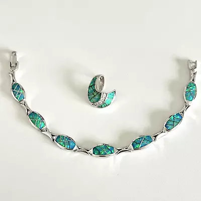 925 Sterling Silver Blue Fire Opal Pendant & Bracelet Set 6 3/4  • $150