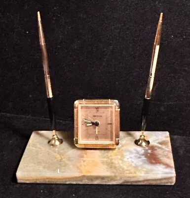 Vintage Advance Desk Clock  Marble Base With 2 Gold Pens Excellent Condition • $18