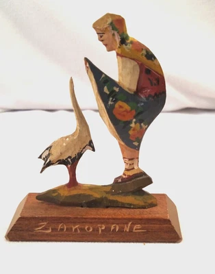$16.99 • Buy Vintage Polish Folk Art Hand Carved Wood Girl And Bird Stork 4  Zakopane