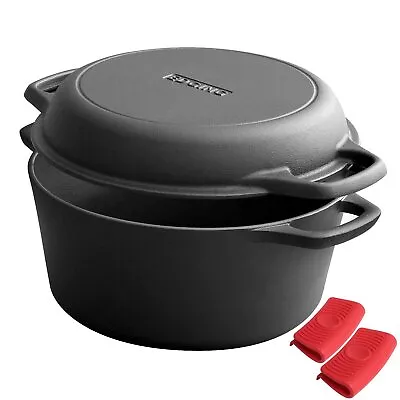 2-in-1 Pre-Seasoned Cast Iron Dutch Oven Pot With Skillet Lid Cooking Pan Ca... • $57.62