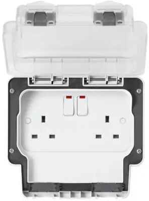 MK K56488WHI Exterior 2Gang 13 Amp Socket With Neon & Clear Lid • £40