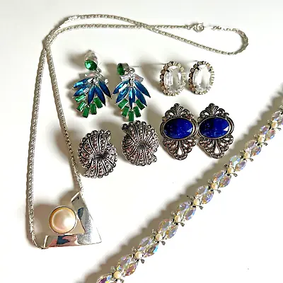 Vintage Fancy Costume Jewelry Lot Silver Glam Necklace Pierced Earrings Blue • $47.99