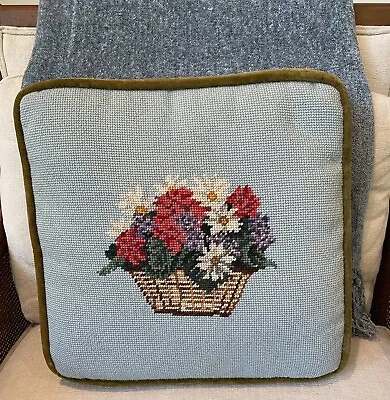16  Vintage Needlepoint Wool Velvet Backed Flower Basket Shabby Chic Pillow Blue • $34.99
