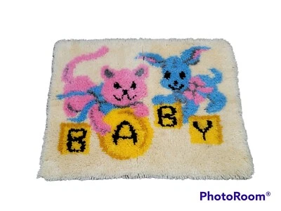 Vintage Baby Latch Hook Rug Completed Cat Dog RARE Nursery Decor Hand Crafted • $34.99