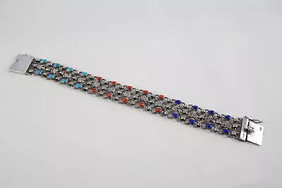 850 Silver Egyptian Bracelet Coral Lapis Lazuli Turquoise Ankh (31g) • £4.20