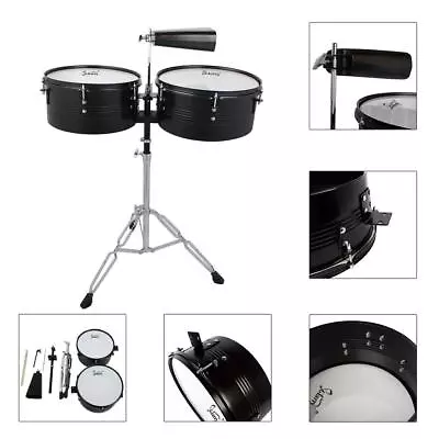 New Black 13  14  Timbales Drum Set Percussion With Stand Cowbell • $95.58