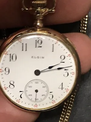  Antique Elgin Pocket Watch 6S 7J G.F. Hunter Keystone Case W/ 12kt GF Chain  • $199