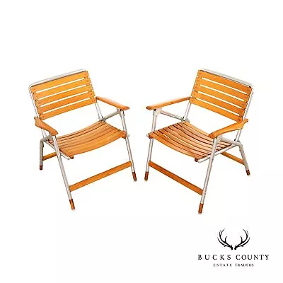 Mid Century Modern Style Pair Wooden Folding Deck Chairs • $695