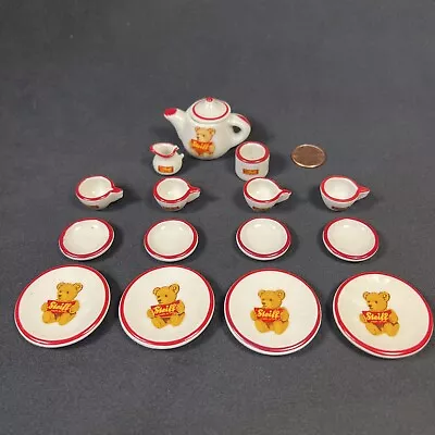 PV09090 Vintage Miniature Porcelain 15pc Tea Set Red White STEIFF Bear • $28