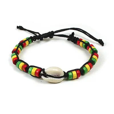 $8.99 • Buy Rasta Shell Stripe Beaded Band Bracelet Wrist Bracelet Cuff Reggae Surfer BOHO